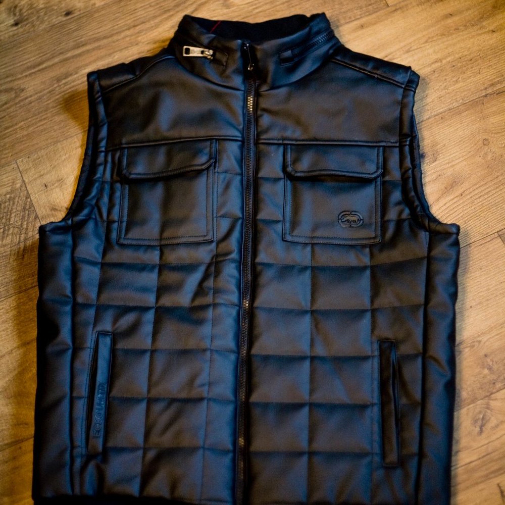 Ecko unltd.  men faux leather vest hidden hood NWOT Medium rhino brand black